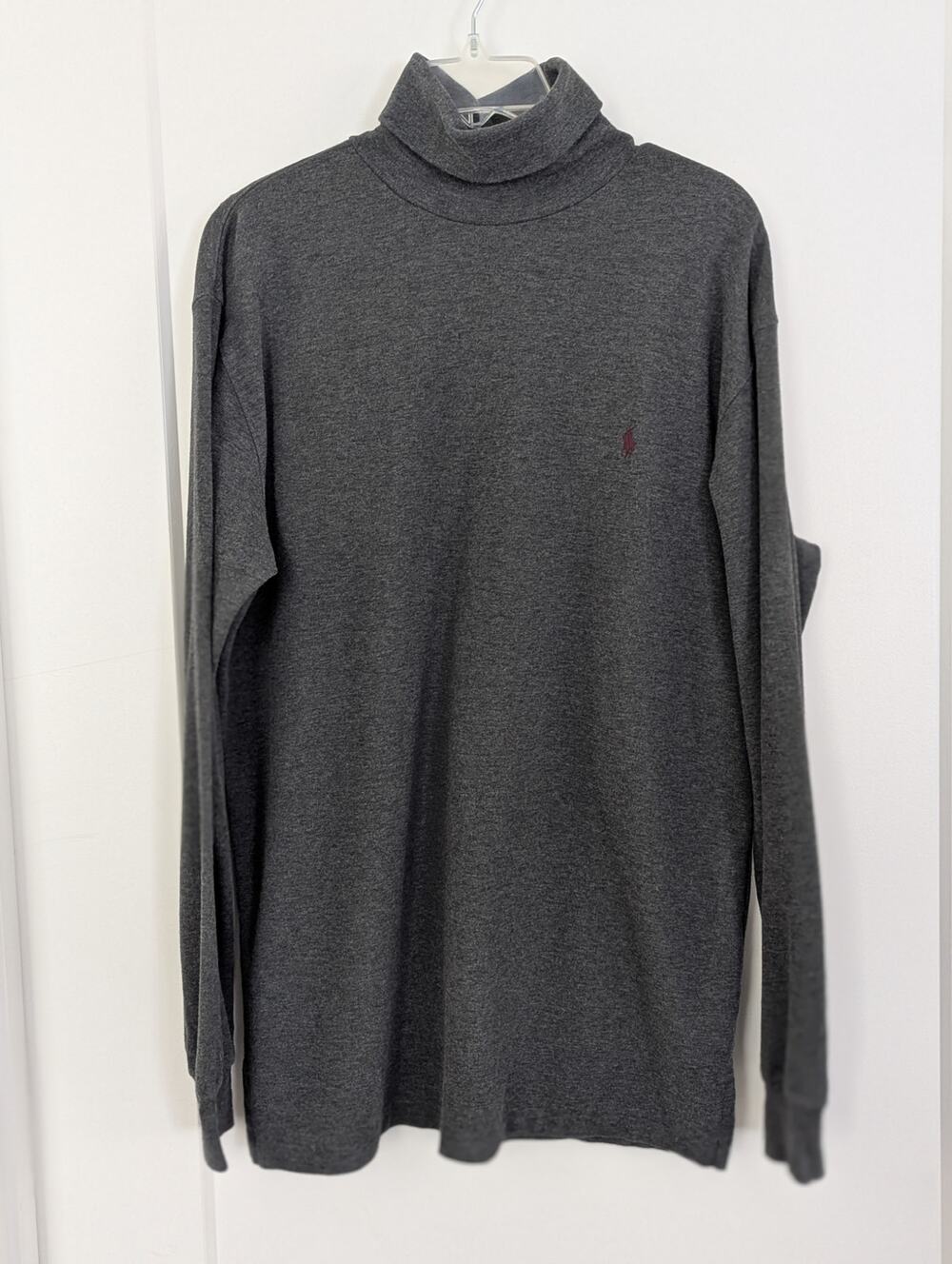 Polo Ralph Lauren Mens Large Charcoal Gray 100% Cotton Burgundy Logo LS EUC